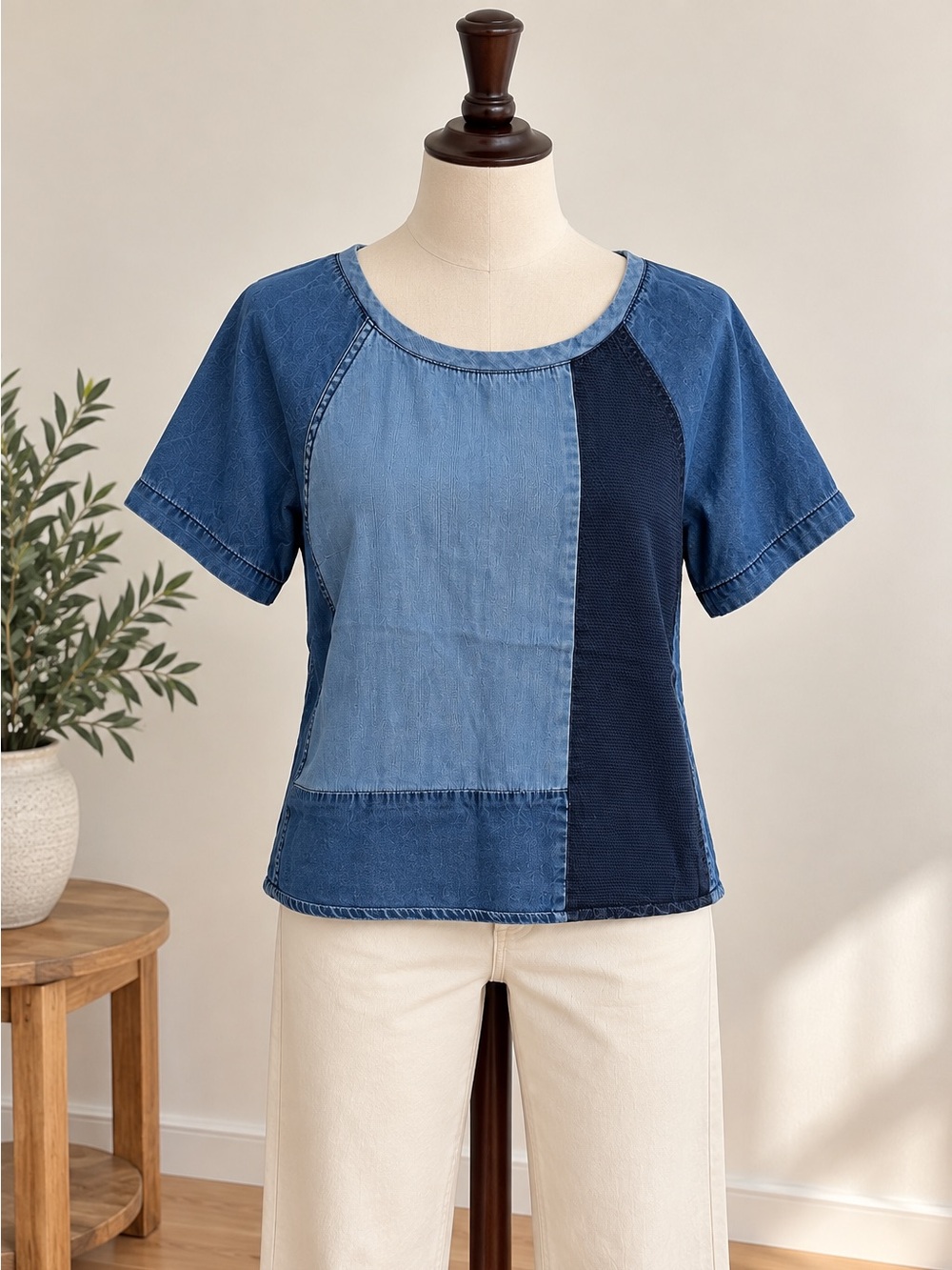 Chelsea & Violet Blue Patchwork Lyocell Top Medium Artsy Coastal Denim Look